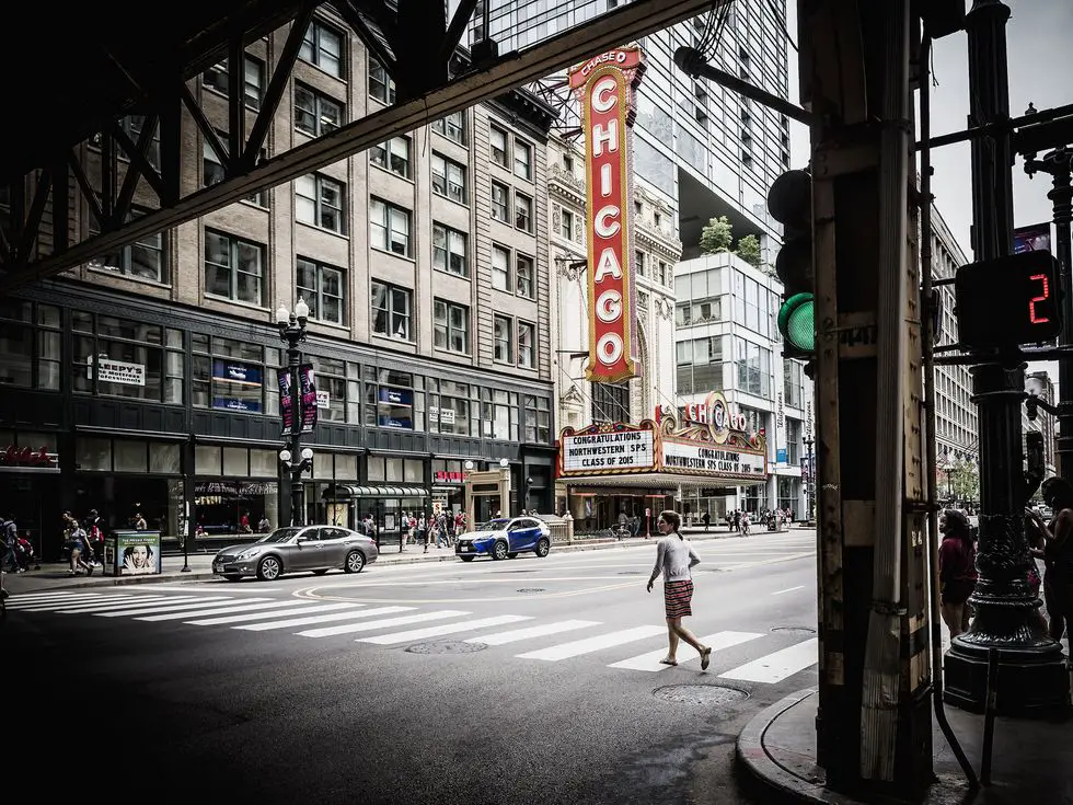 View of N State street with the sign of the Chicago Theatre