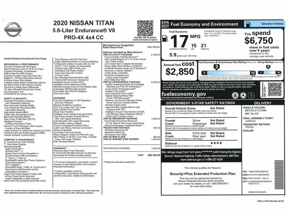 2020 Nissan Titan PRO-4X Monroney