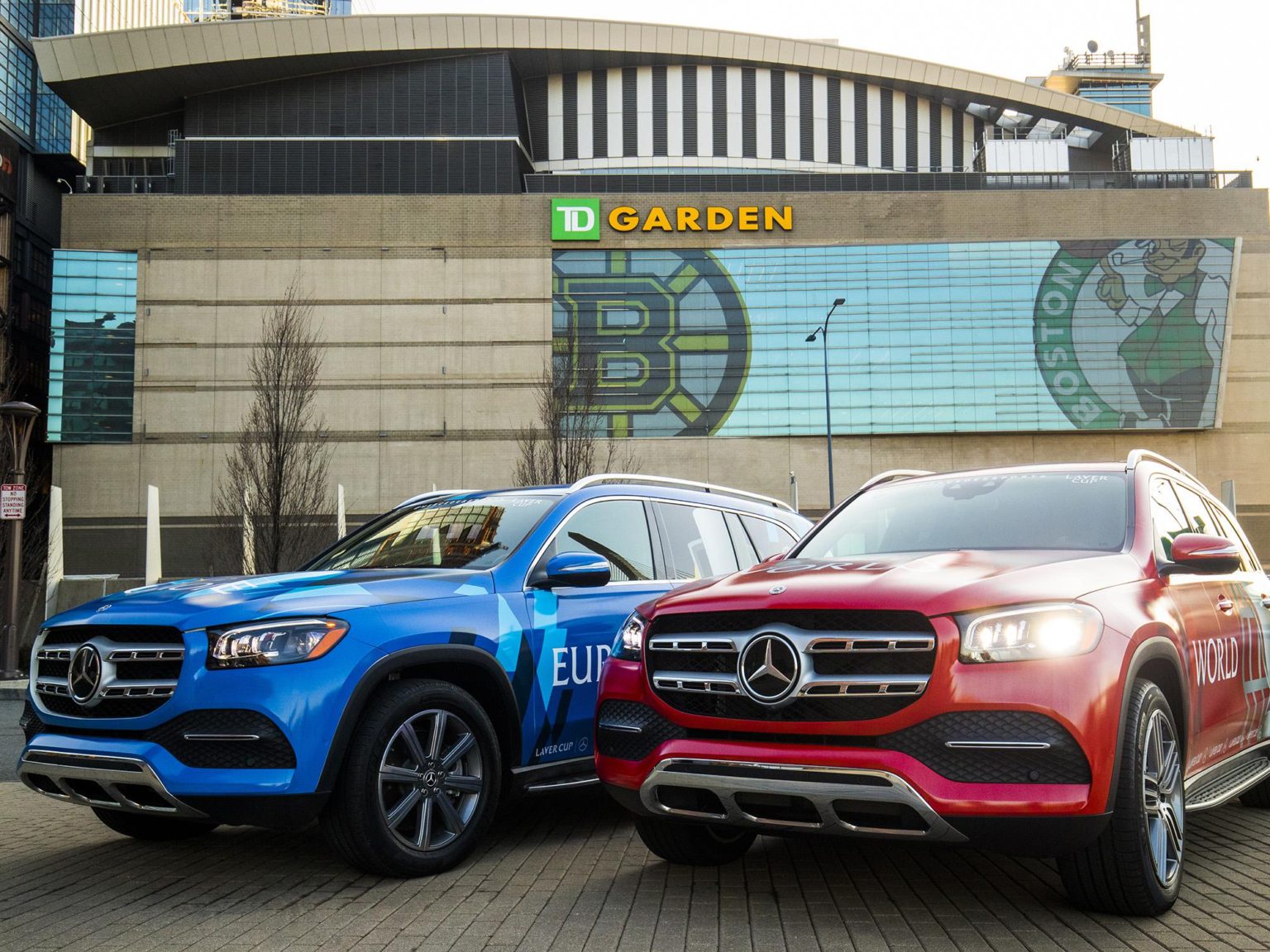 A general view of the Mercedes Laver Cup cars in front of TD Garden in promotion of Laver Cup Boston 2020 on March 2, 2020 in Boston, Massachusetts.