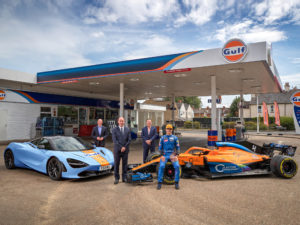 Mike Flewitt, McLaren Automotive CEO; Mike Jones, Gulf Oil International Ltd CEO; Zak Brown, McLaren Racing CEO; and Lando Norris, McLaren Racing driver pose for a photo to mark the occasion of a renewed partnership between McLaren and Gulf.