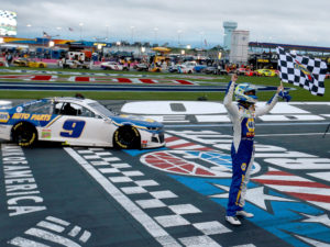 Chase Elliot, driver of the #9 NAPA Auto Parts Chevrolet, celebrates after winning the NASCAR Cup Series Bank of America ROVAL 400 at Charlotte Motor Speedway on October 11, 2020 in Concord, North Carolina.
