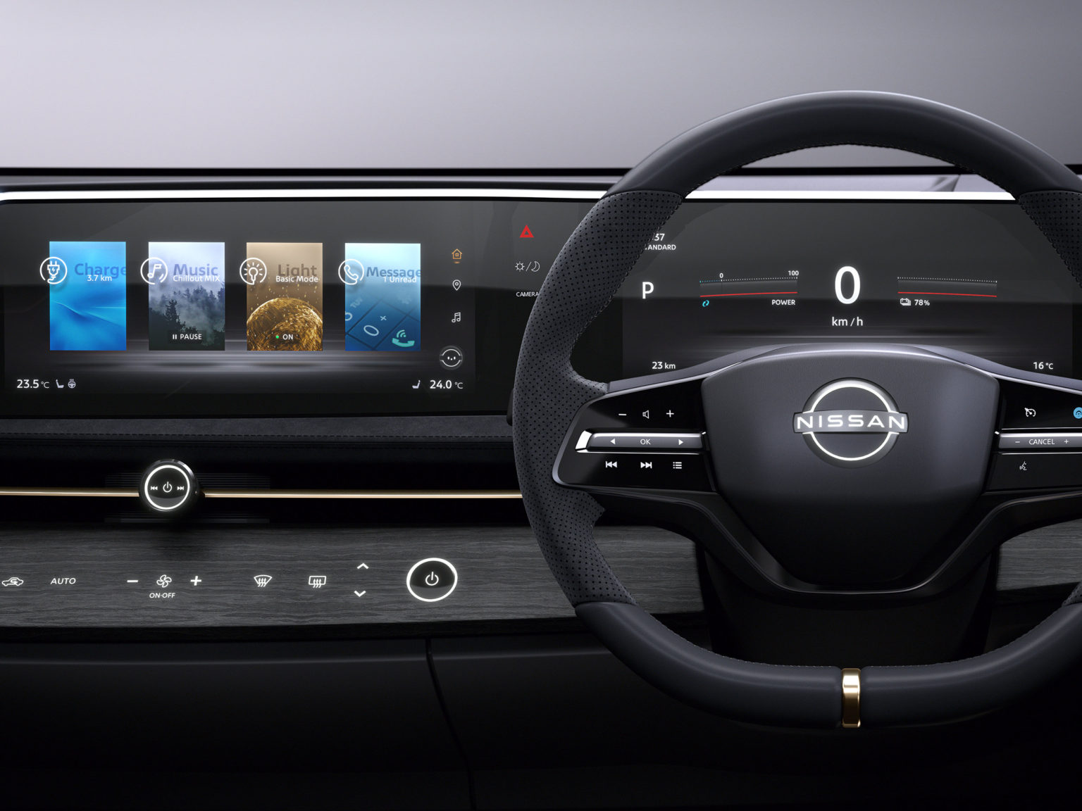 The Nissan concept shows off a single wide screen instead of two separate disolays.