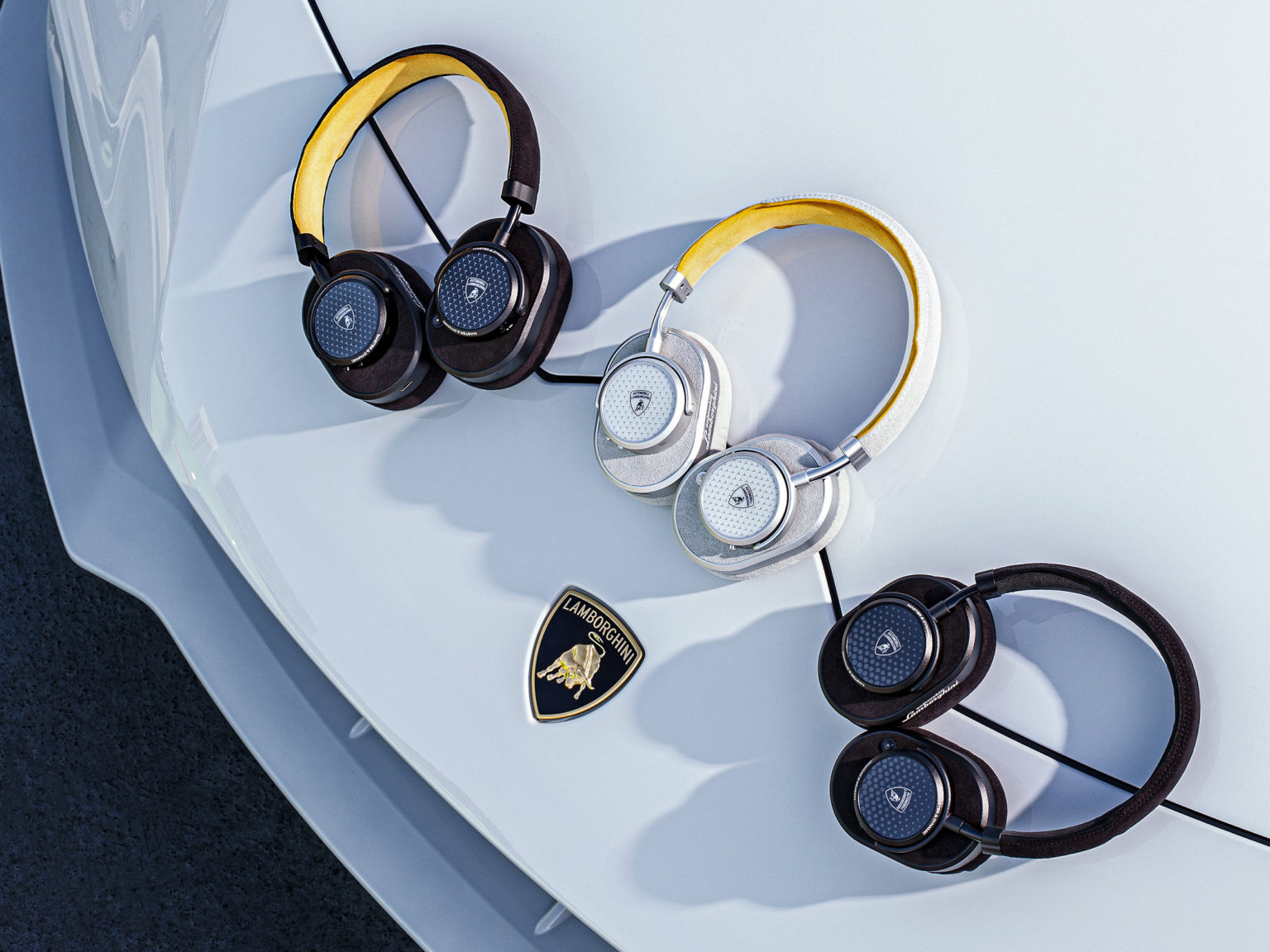 The headphones and earphones carry many of the same signature style elements as Lamborghini vehicles.