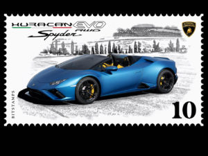The 2021 Lamborghini Huracán EVO RWD Spyder is featured on a new stamp.