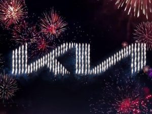 The new Kia logo was seen above the skyline in Korea as part of a pyrotechnics display.