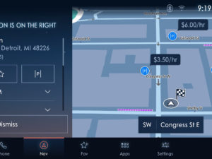 Ford’s new infotainment operating system includes fuel pric- and parking spot-finding technology.