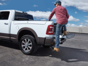 The new retractable bed step is designed to work with Ram's multifunction tailgate.